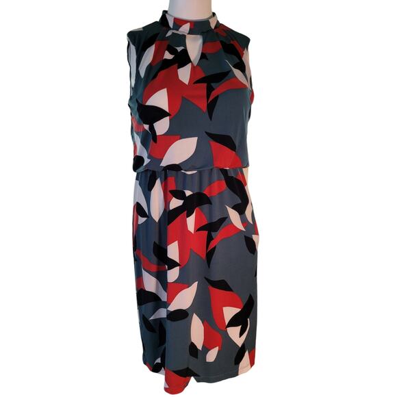 Nine West Geometric Blouson Dress Sz 2 Indie Artsy Graphic Elastic Waist Midi - Picture 2 of 9